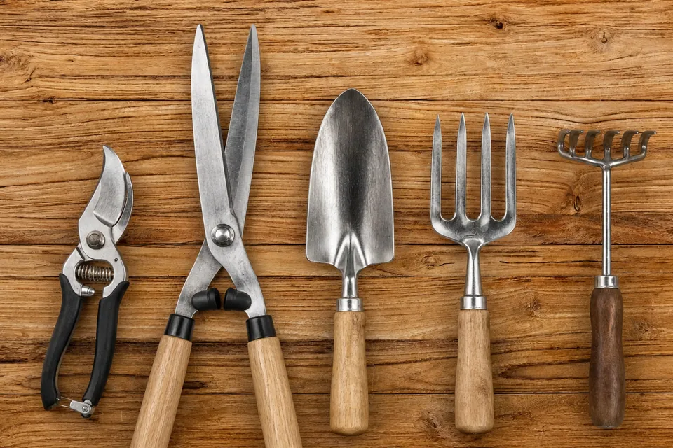 Sécateur, cisaille et outils de jardin alignés sur un plan de travail en bois