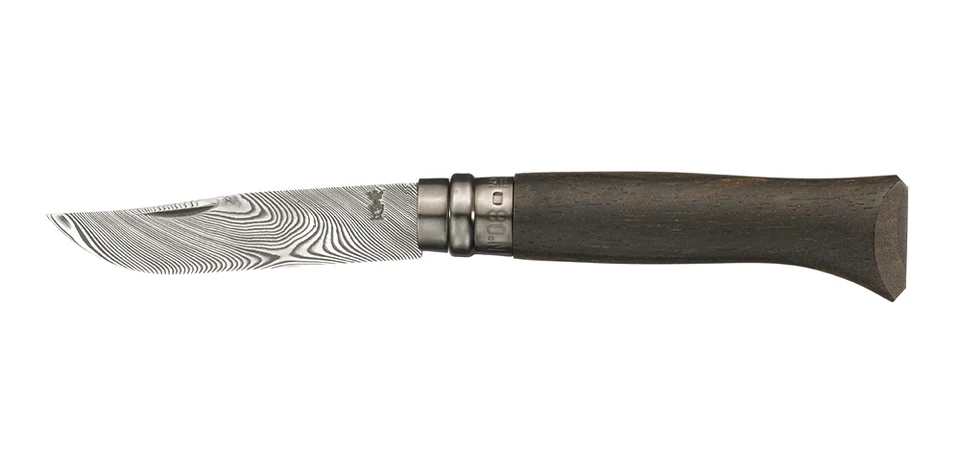 Couteau Opinel N°08 Damas Ziricote, lame en acier damassé et manche en bois de ziricote