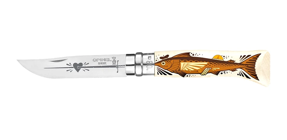 Couteau Opinel N°08 The Swordfisherman, manche illustré d'un poisson par Jeremy Fish